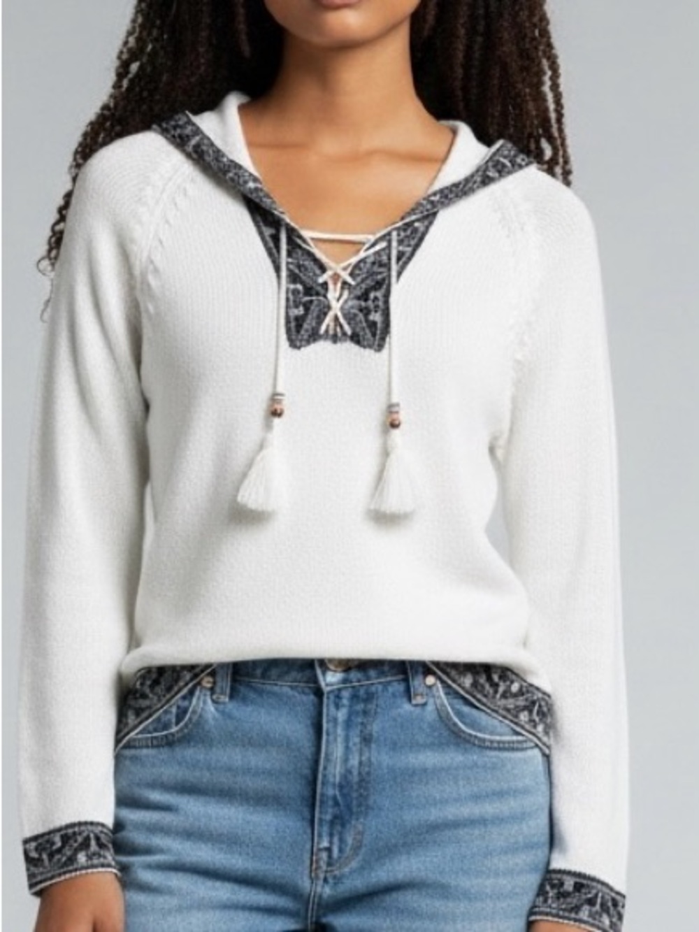 White Lace-Up Hooded V-Neck Sweater with Contrast Trim 100% Alpaca